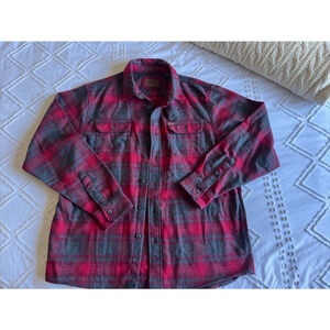 Orvis Men's Heavy‎ Flannel Shirt Jacket Red Gray Plaid Size Large